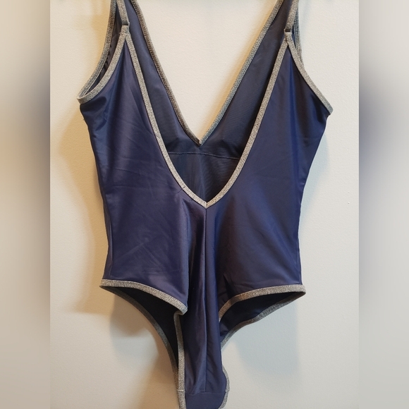 Aerie Navy Blue with White Embroidered Flowers Swimsuit, Medium - Picture 3 of 5
